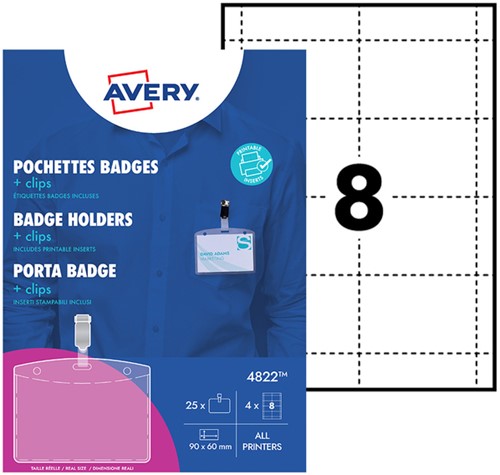 Badge Avery met clip 4822 60x90mm 25 stuks + 32 insteekkaarten-2