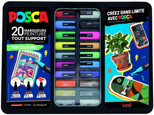Paintmarker Uni POSCA Pop Colours assorti metalen koffer à 20 stuks