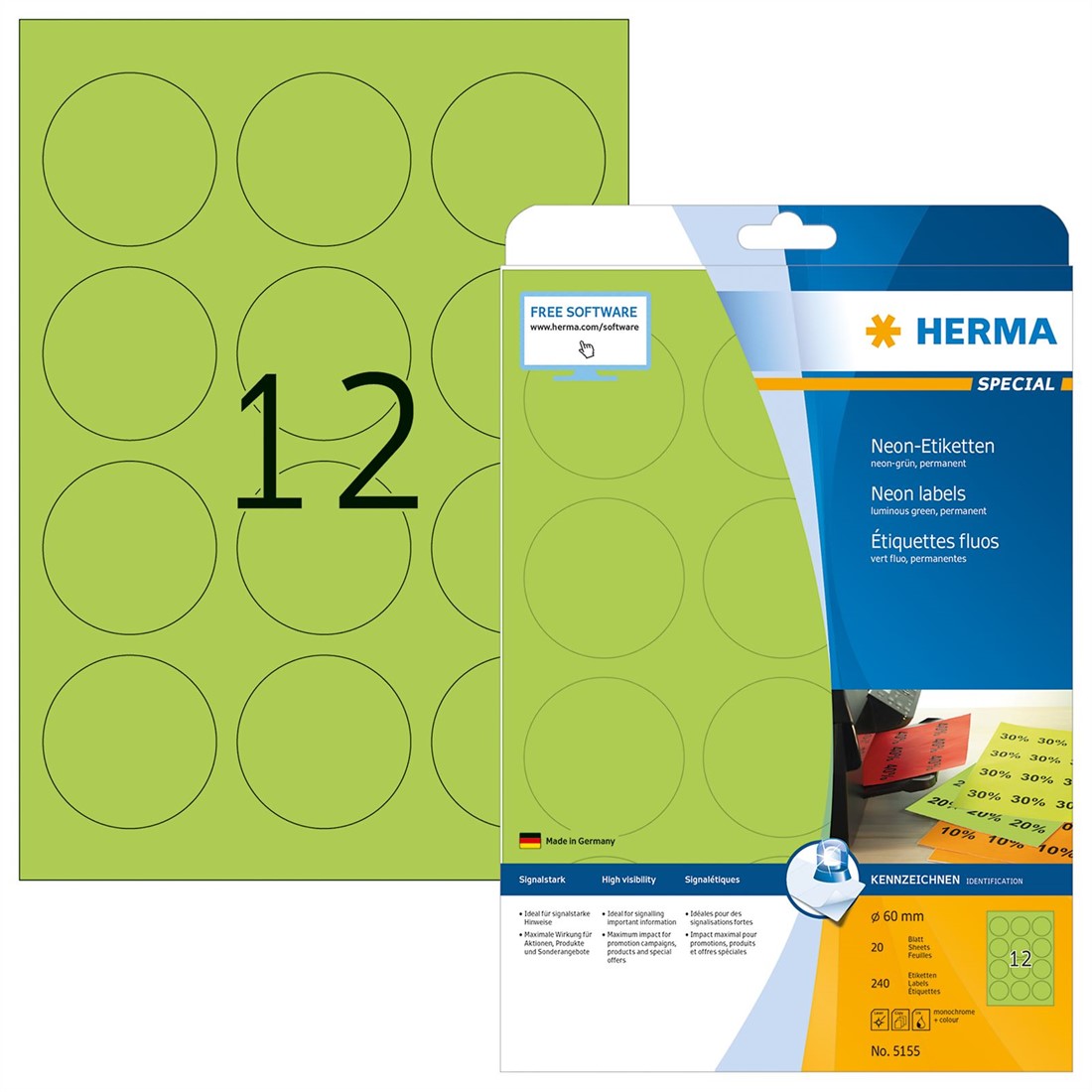 Schipbreuk Malen circulatie Herma 5155 neon etiketten groen Ø 60mm rond A4 papier mat 240 stuks bij  Leenders